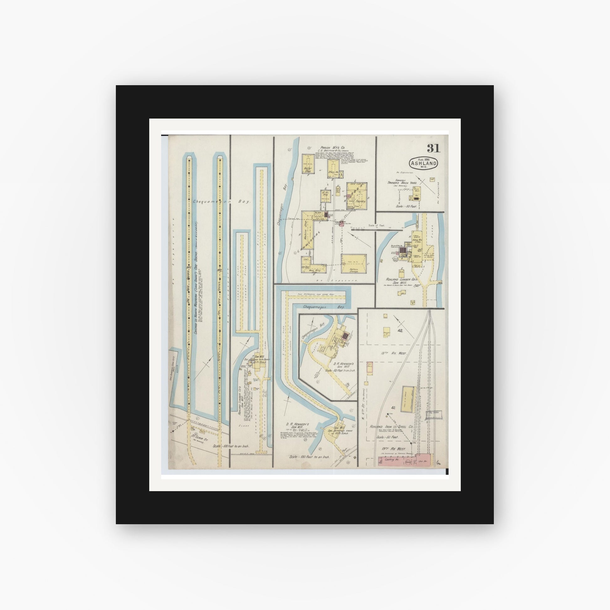 Old map wall art mockup — black gallery frame with white mat — Sanborn Fire Insurance Map from Ashland, Ashland County, Wisconsin (1895), Sheet #0031
