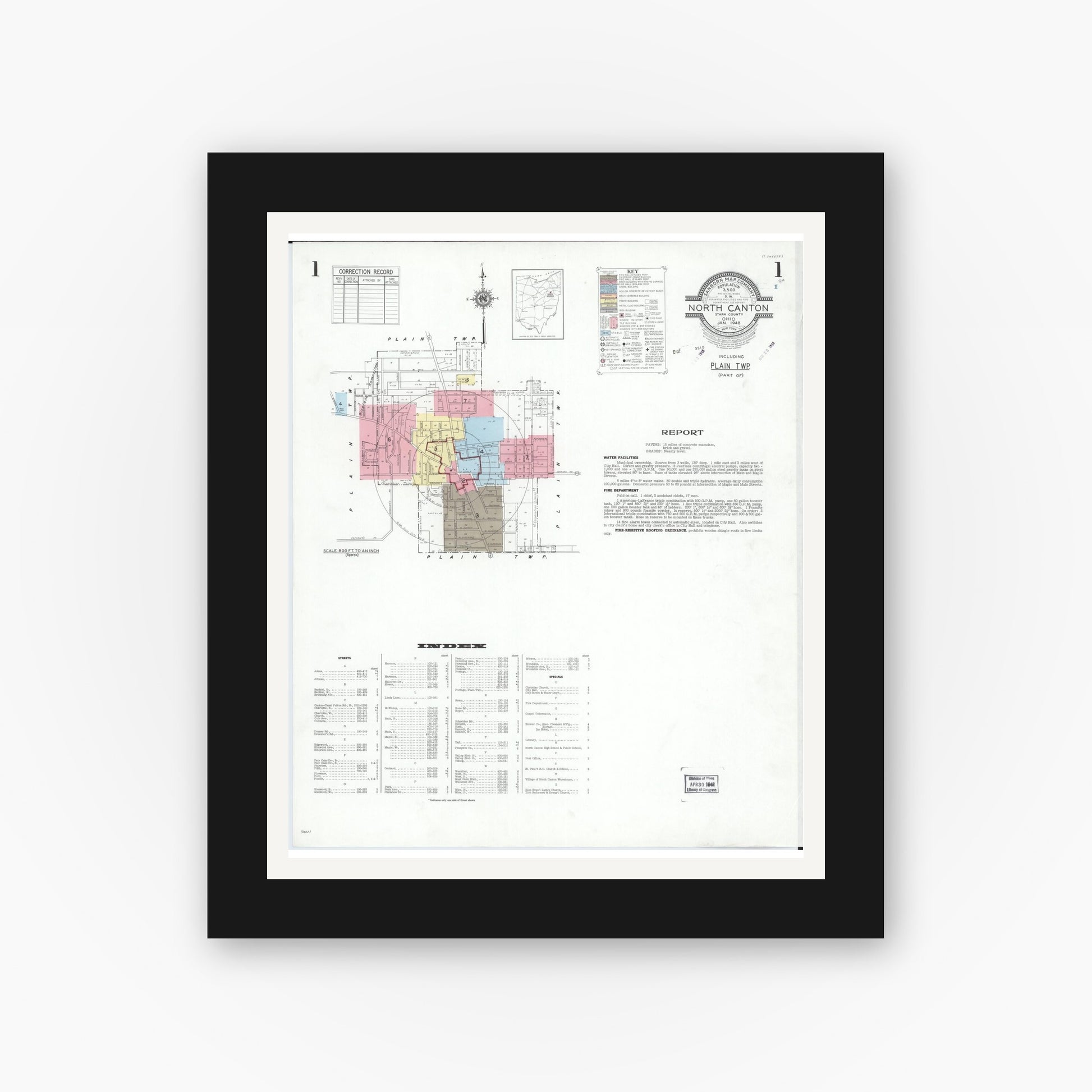 Old map wall art mockup — black gallery frame with white mat — Sanborn Fire Insurance Map from North Canton, Stark County, Ohio (1948), Sheet #0001