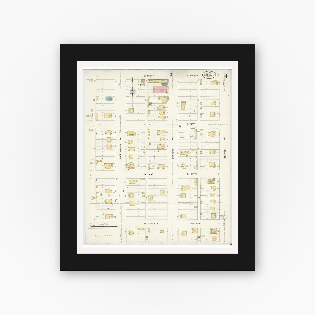 Old map wall art mockup — black gallery frame with white mat — Sanborn Fire Insurance Map from Dalhart, Dallam And Hartley County, Texas (1908), Sheet #0004