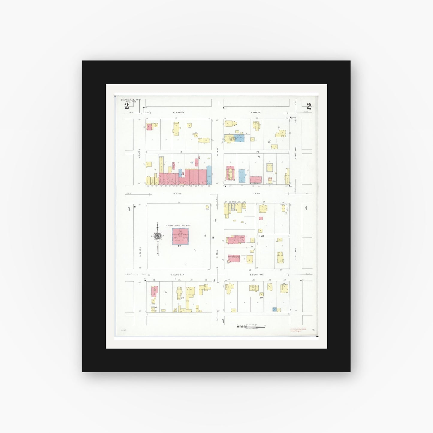Old map wall art mockup — black gallery frame with white mat — Sanborn Fire Insurance Map from Centreville, Saint Joseph County, Michigan (1939), Sheet #0002