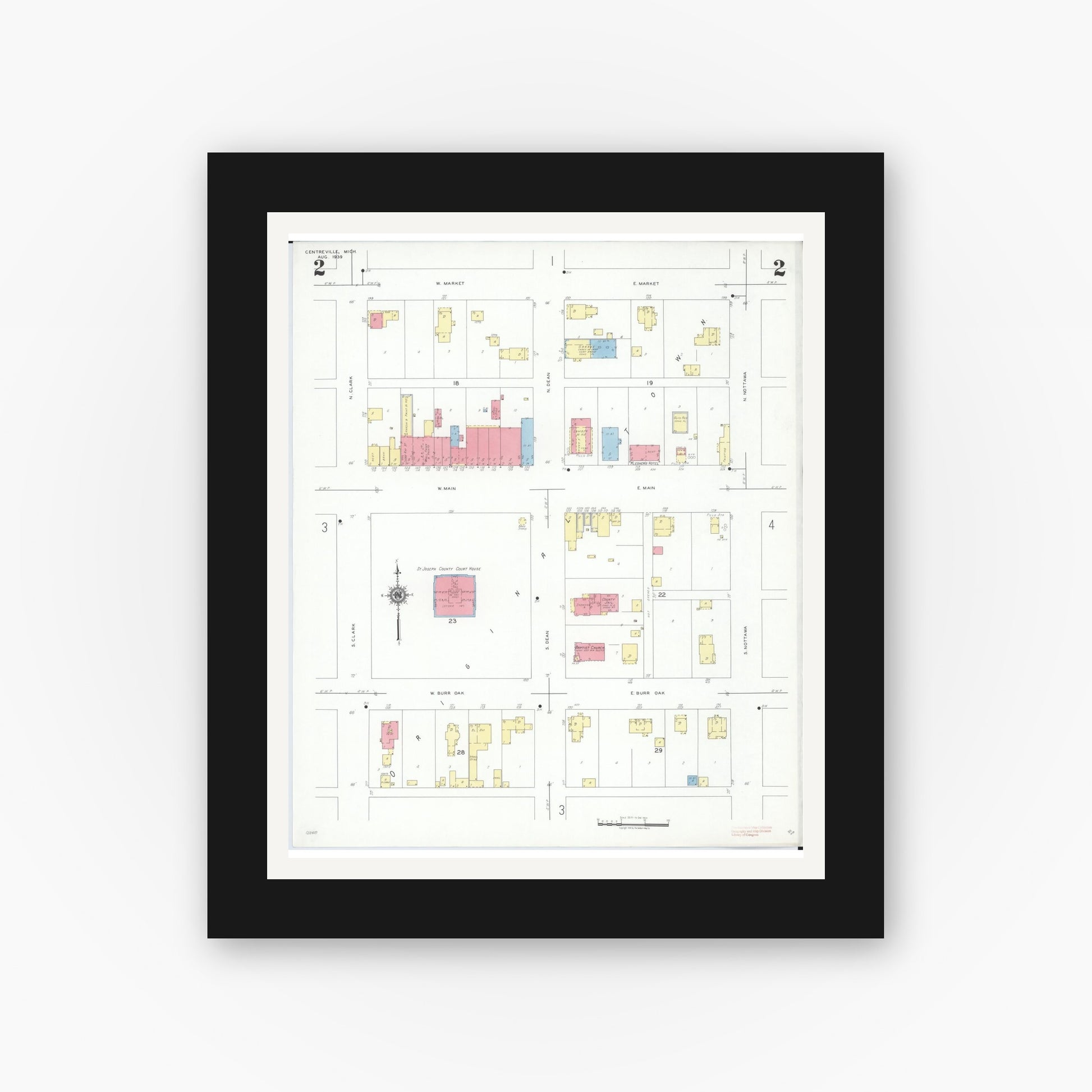 Old map wall art mockup — black gallery frame with white mat — Sanborn Fire Insurance Map from Centreville, Saint Joseph County, Michigan (1939), Sheet #0002