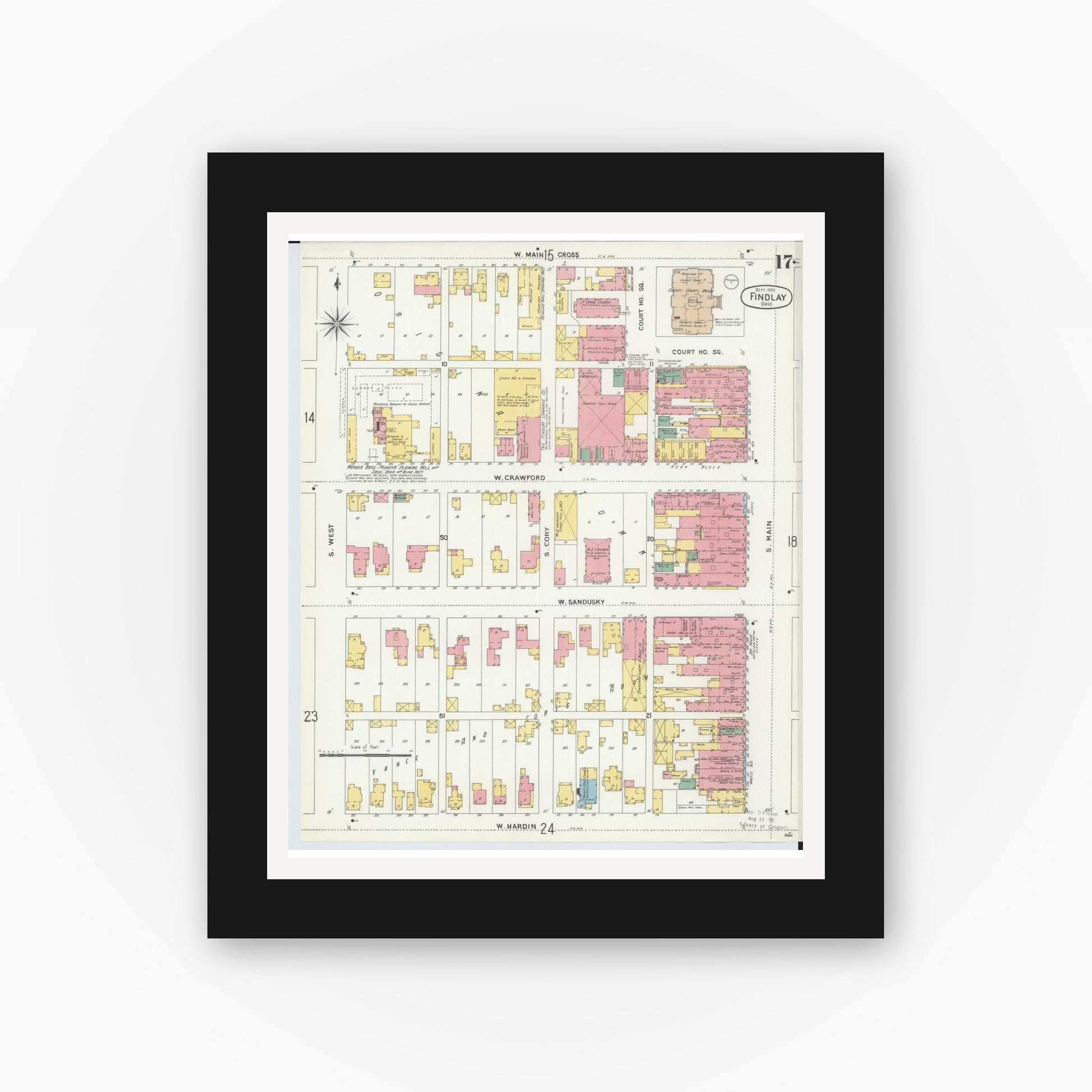 Old map wall art mockup — black gallery frame with white mat — Sanborn Fire Insurance Map from Findlay, Hancock County, Ohio (1901), Sheet #0017