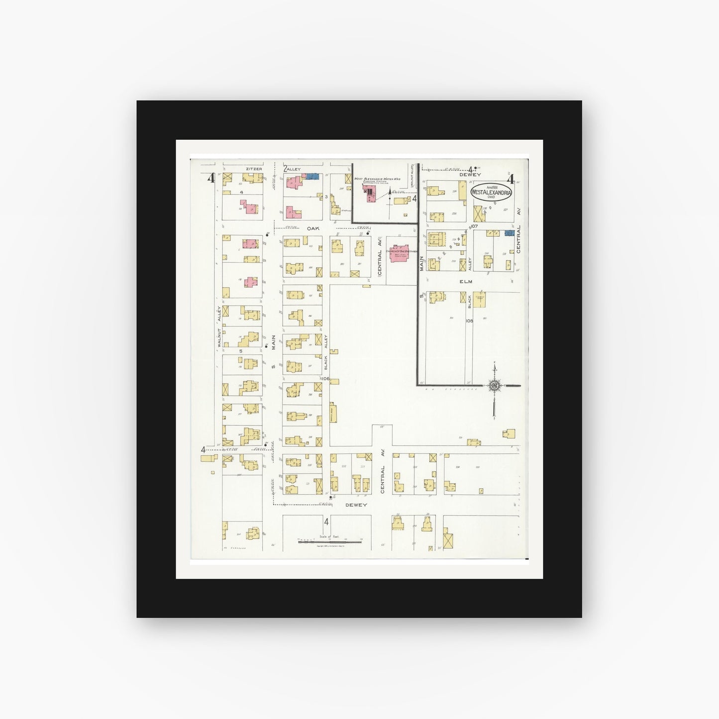 Old map wall art mockup — black gallery frame with white mat — Sanborn Fire Insurance Map from West Alexandria, Preble County, Ohio (1926), Sheet #0004