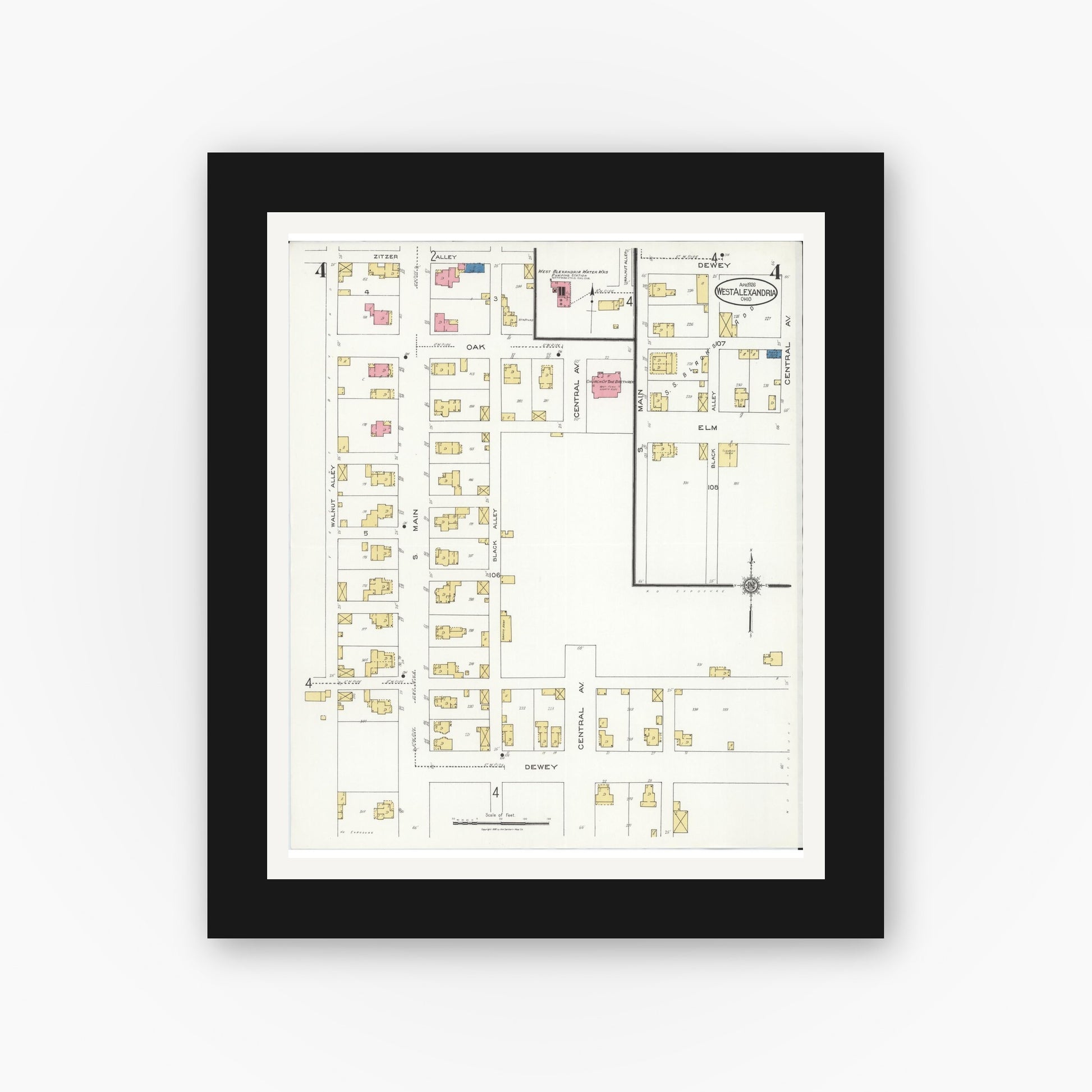 Old map wall art mockup — black gallery frame with white mat — Sanborn Fire Insurance Map from West Alexandria, Preble County, Ohio (1926), Sheet #0004