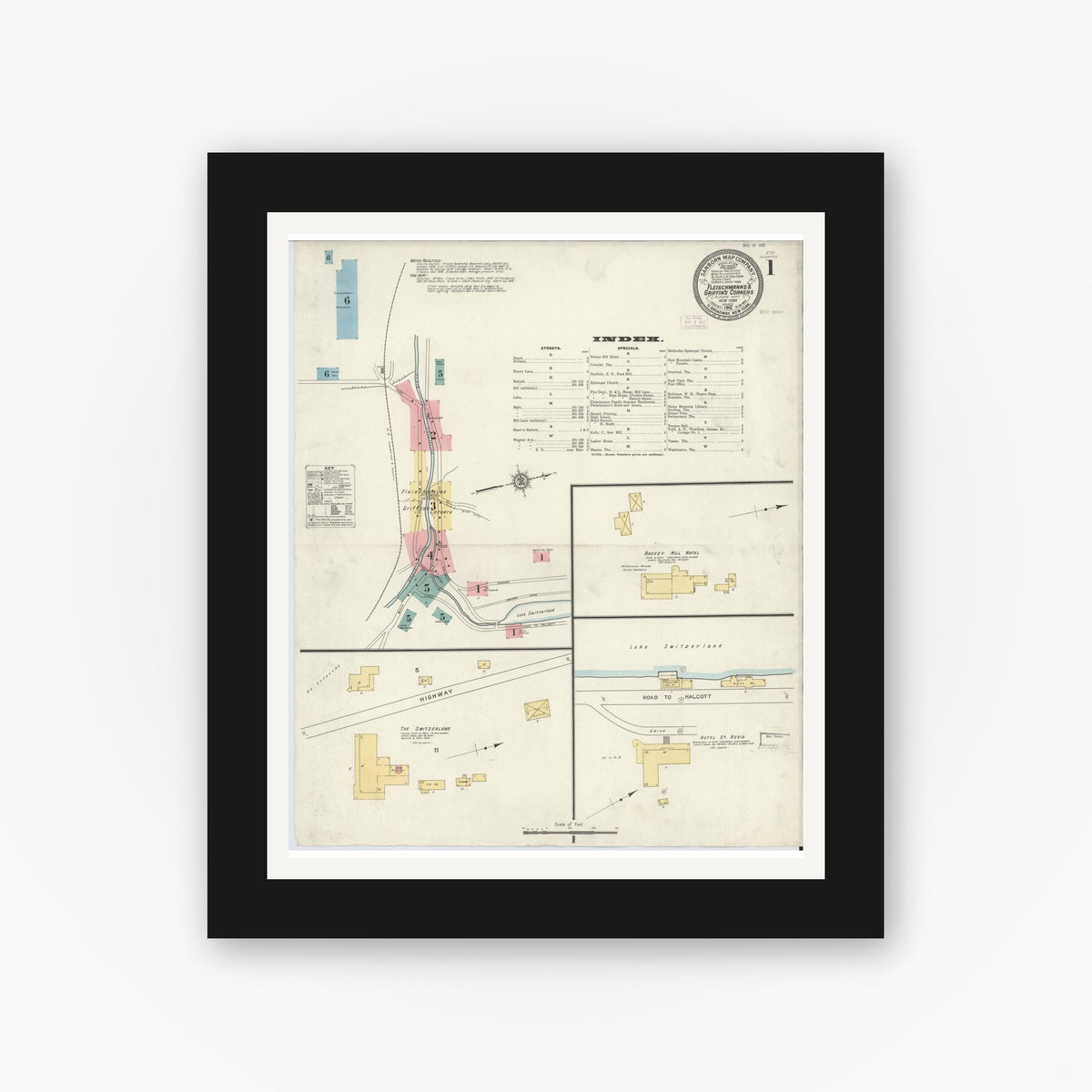 Old map wall art mockup — black gallery frame with white mat — Sanborn Fire Insurance Map from Fleischmanns, Delaware County, New York (1912) - Complete Map Set