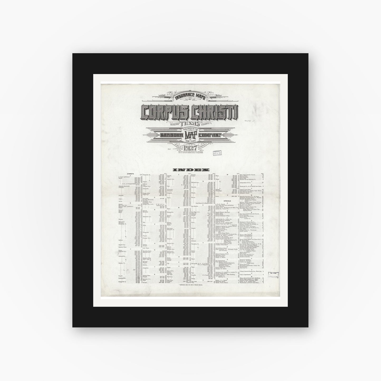 Old map wall art mockup — black gallery frame with white mat — Sanborn Fire Insurance Map from Corpus Christi, Nueces County, Texas (1927), Sheet #0001