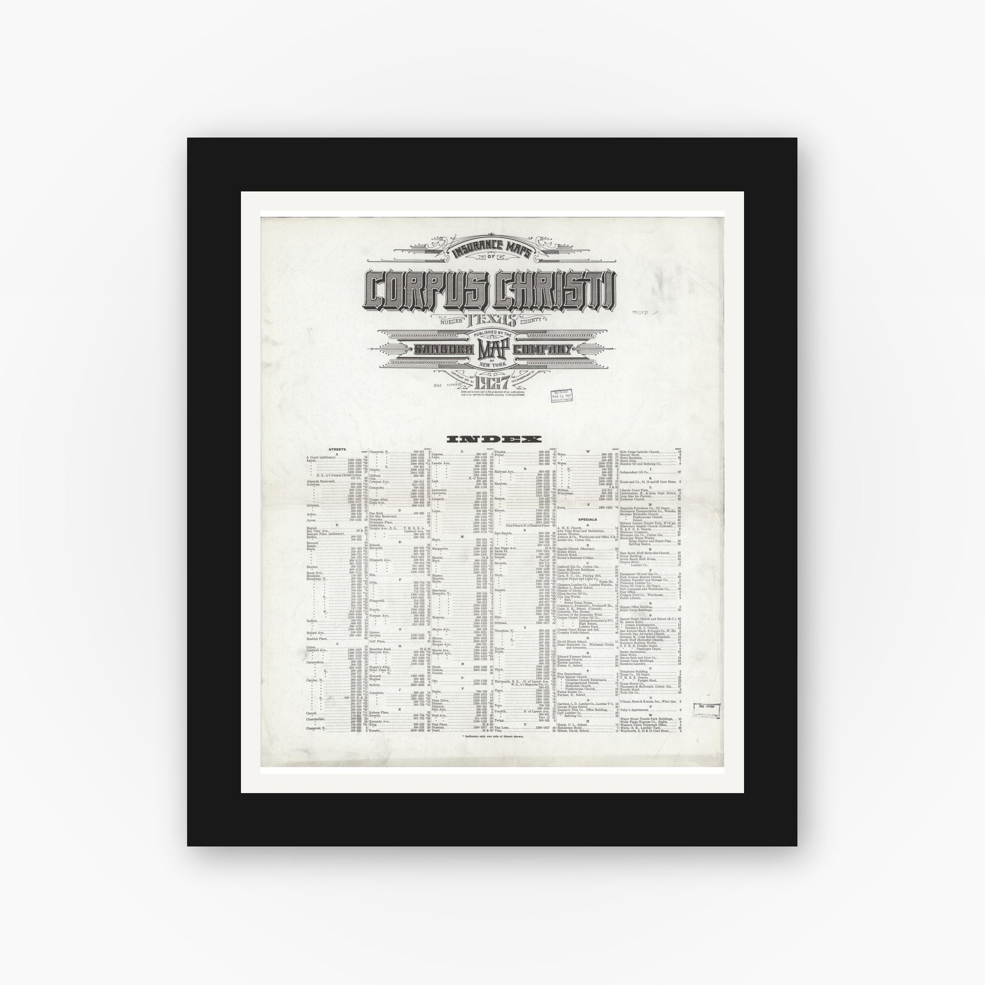 Old map wall art mockup — black gallery frame with white mat — Sanborn Fire Insurance Map from Corpus Christi, Nueces County, Texas (1927), Sheet #0001
