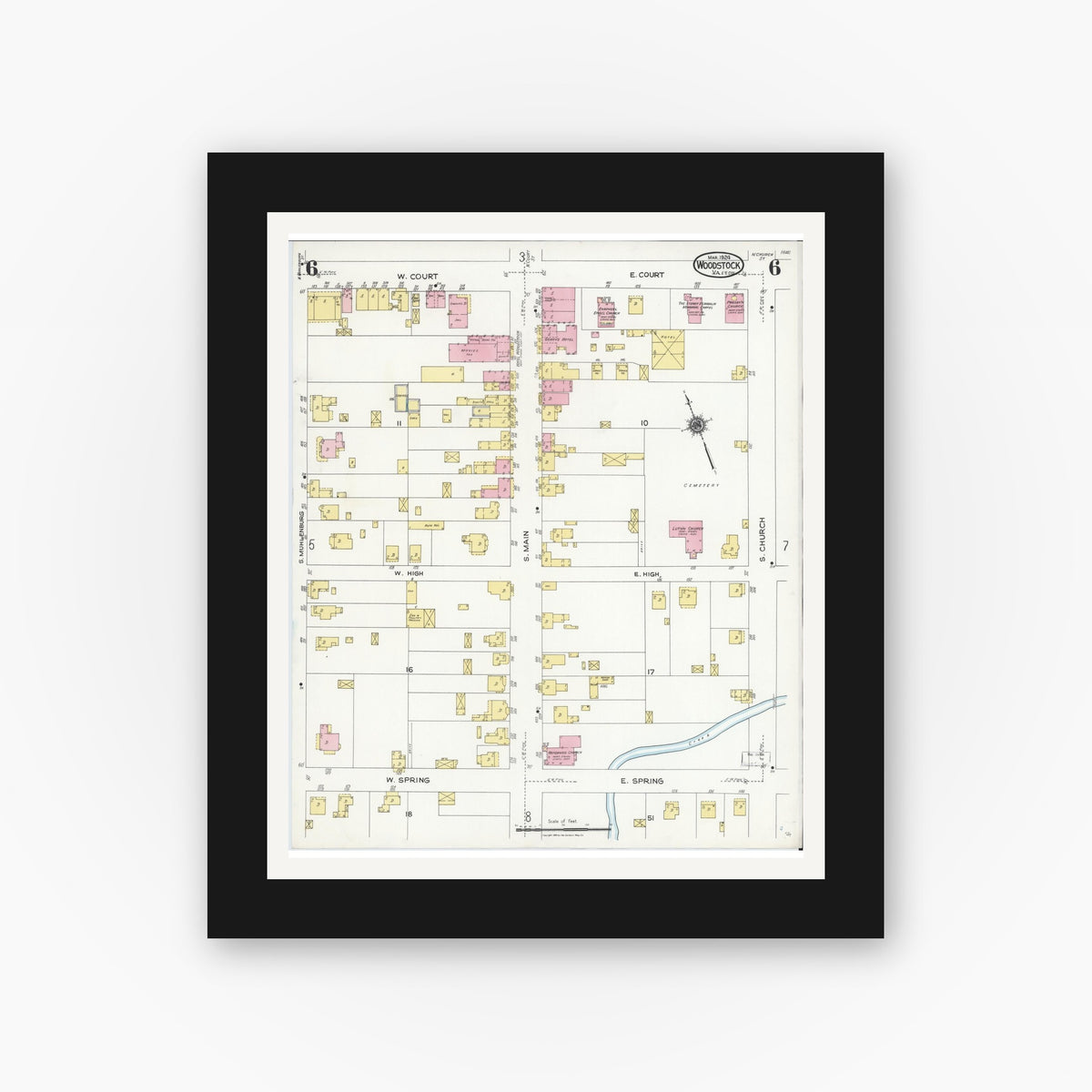 Old map wall art mockup — black gallery frame with white mat — Sanborn Fire Insurance Map from Woodstock, Shenandoah County, Virginia (1924), Sheet #0006