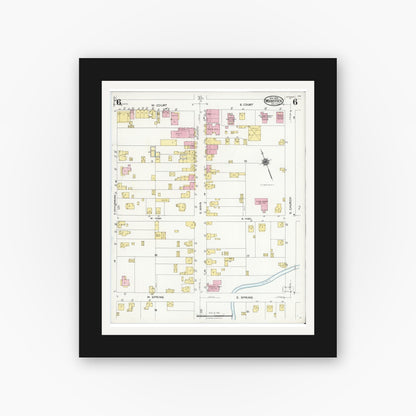 Old map wall art mockup — black gallery frame with white mat — Sanborn Fire Insurance Map from Woodstock, Shenandoah County, Virginia (1924), Sheet #0006