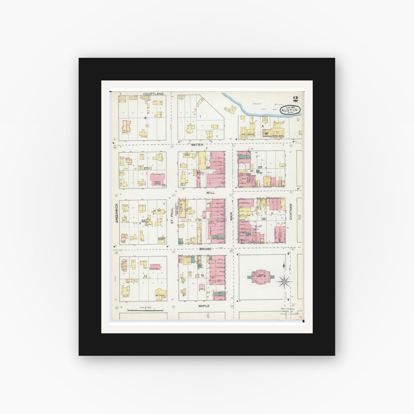 Old map wall art mockup — black gallery frame with white mat — Sanborn Fire Insurance Map from Austin, Mower County, Minnesota (1892), Sheet #0002