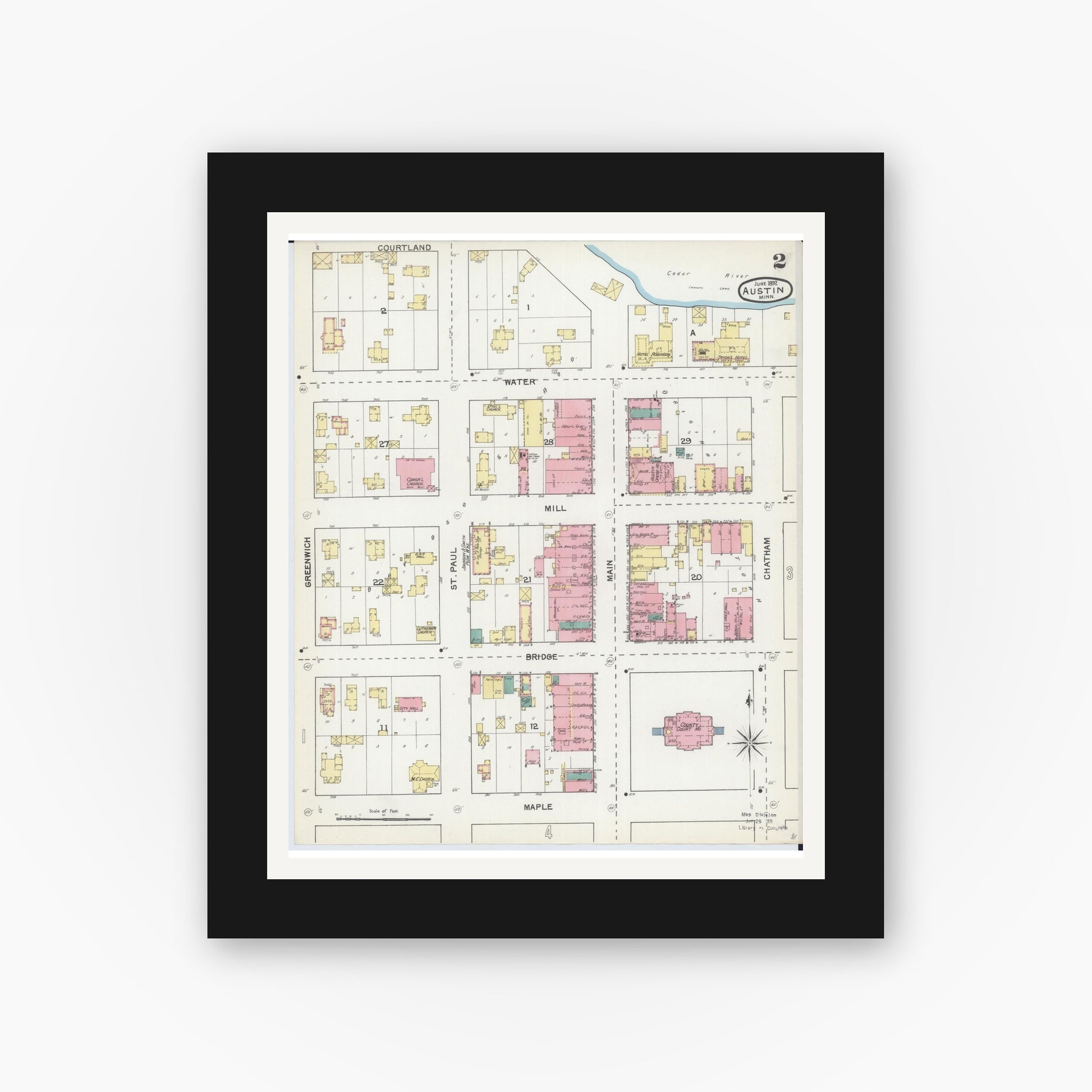 Old map wall art mockup — black gallery frame with white mat — Sanborn Fire Insurance Map from Austin, Mower County, Minnesota (1892), Sheet #0002