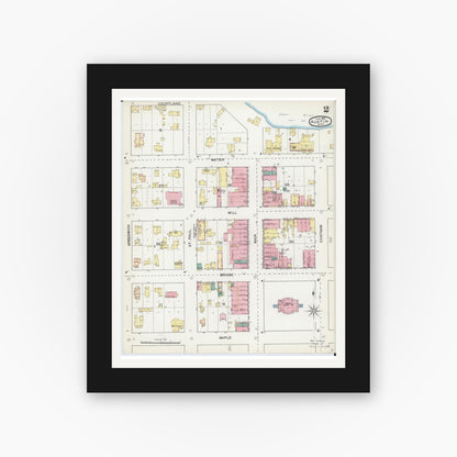 Old map wall art mockup — black gallery frame with white mat — Sanborn Fire Insurance Map from Austin, Mower County, Minnesota (1892), Sheet #0002