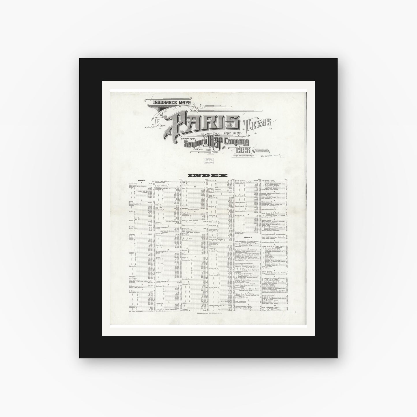 Old map wall art mockup — black gallery frame with white mat — Sanborn Fire Insurance Map from Paris, Lamar County, Texas (1926), Sheet #0001