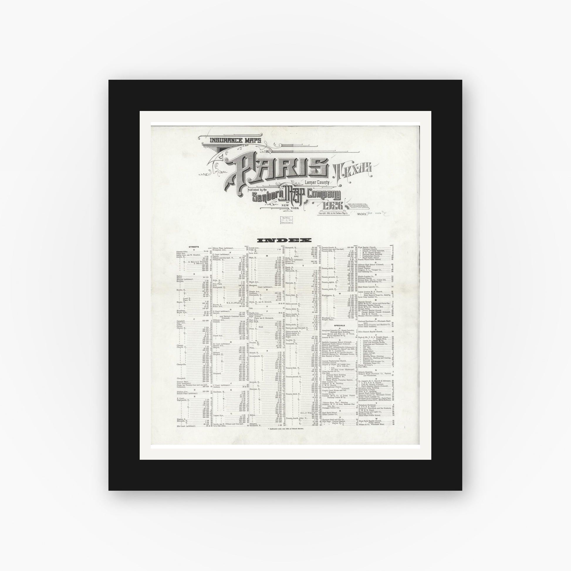 Old map wall art mockup — black gallery frame with white mat — Sanborn Fire Insurance Map from Paris, Lamar County, Texas (1926), Sheet #0001