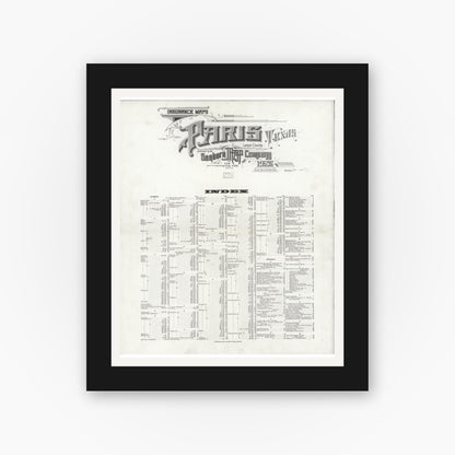 Old map wall art mockup — black gallery frame with white mat — Sanborn Fire Insurance Map from Paris, Lamar County, Texas (1926), Sheet #0001