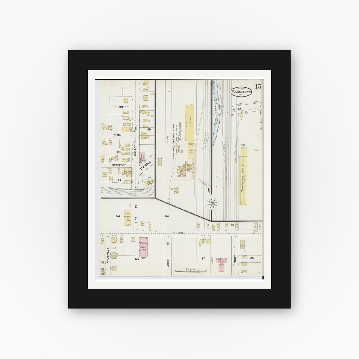 Old map wall art mockup — black gallery frame with white mat — Sanborn Fire Insurance Map from Youngstown, Mahoning County, Ohio (1889), Sheet #0015