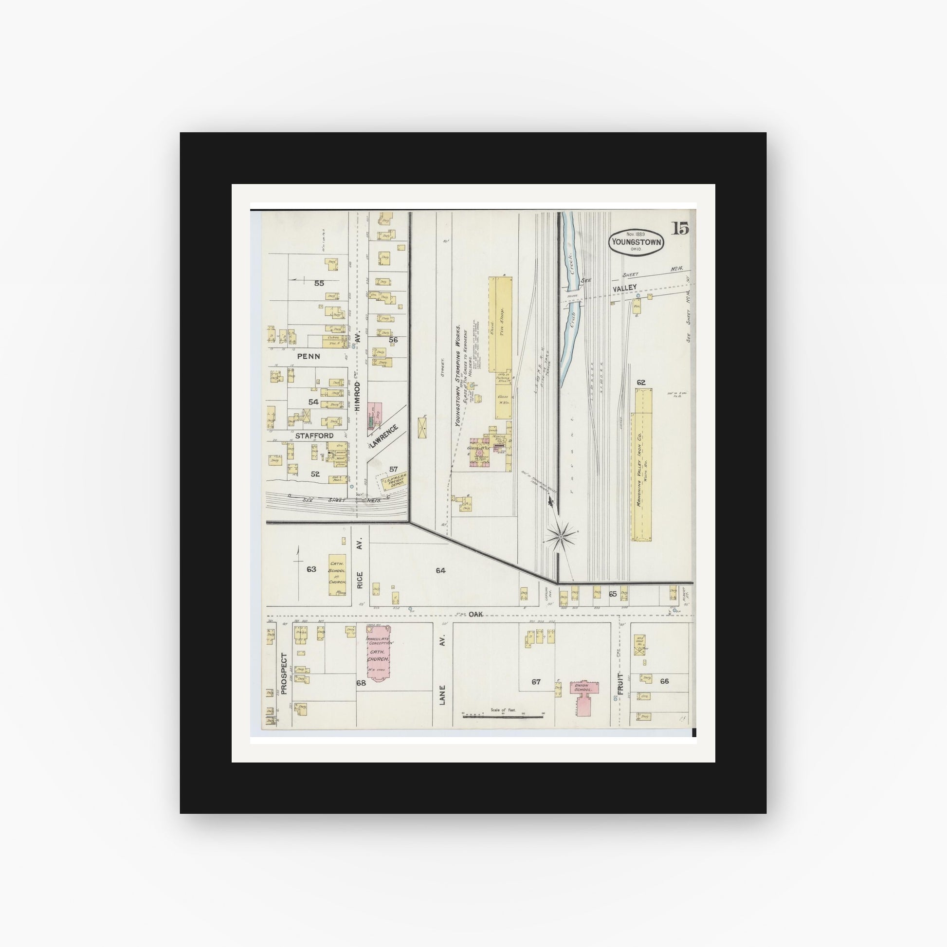 Old map wall art mockup — black gallery frame with white mat — Sanborn Fire Insurance Map from Youngstown, Mahoning County, Ohio (1889), Sheet #0015