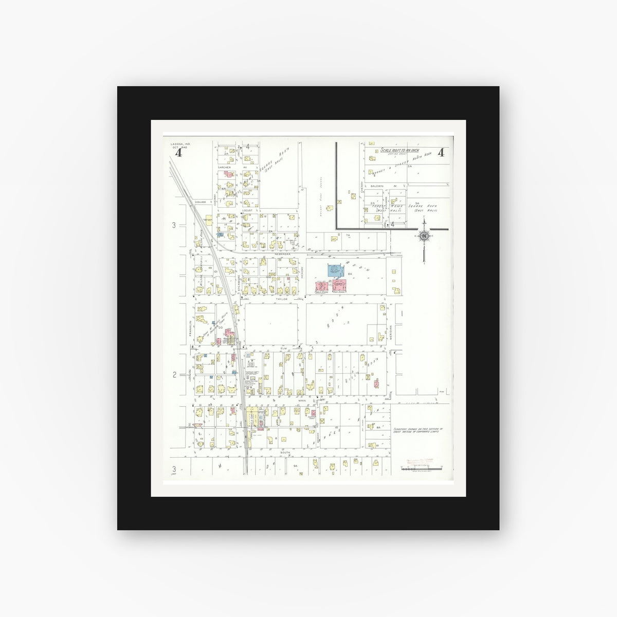 Old map wall art mockup — black gallery frame with white mat — Sanborn Fire Insurance Map from Ladoga, Montgomery County, Indiana (1942), Sheet #0004