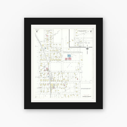 Old map wall art mockup — black gallery frame with white mat — Sanborn Fire Insurance Map from Ladoga, Montgomery County, Indiana (1942), Sheet #0004