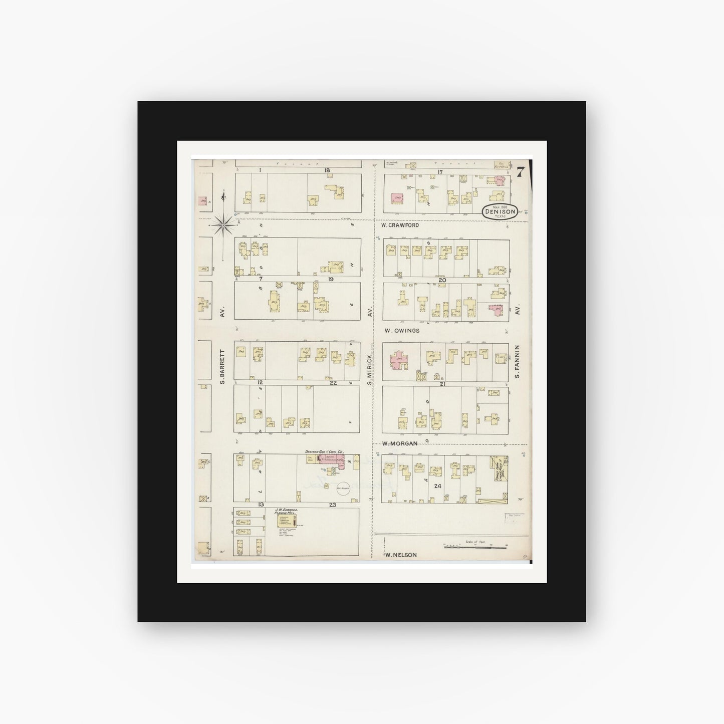 Old map wall art mockup — black gallery frame with white mat — Sanborn Fire Insurance Map from Denison, Grayson County, Texas (1888), Sheet #0007