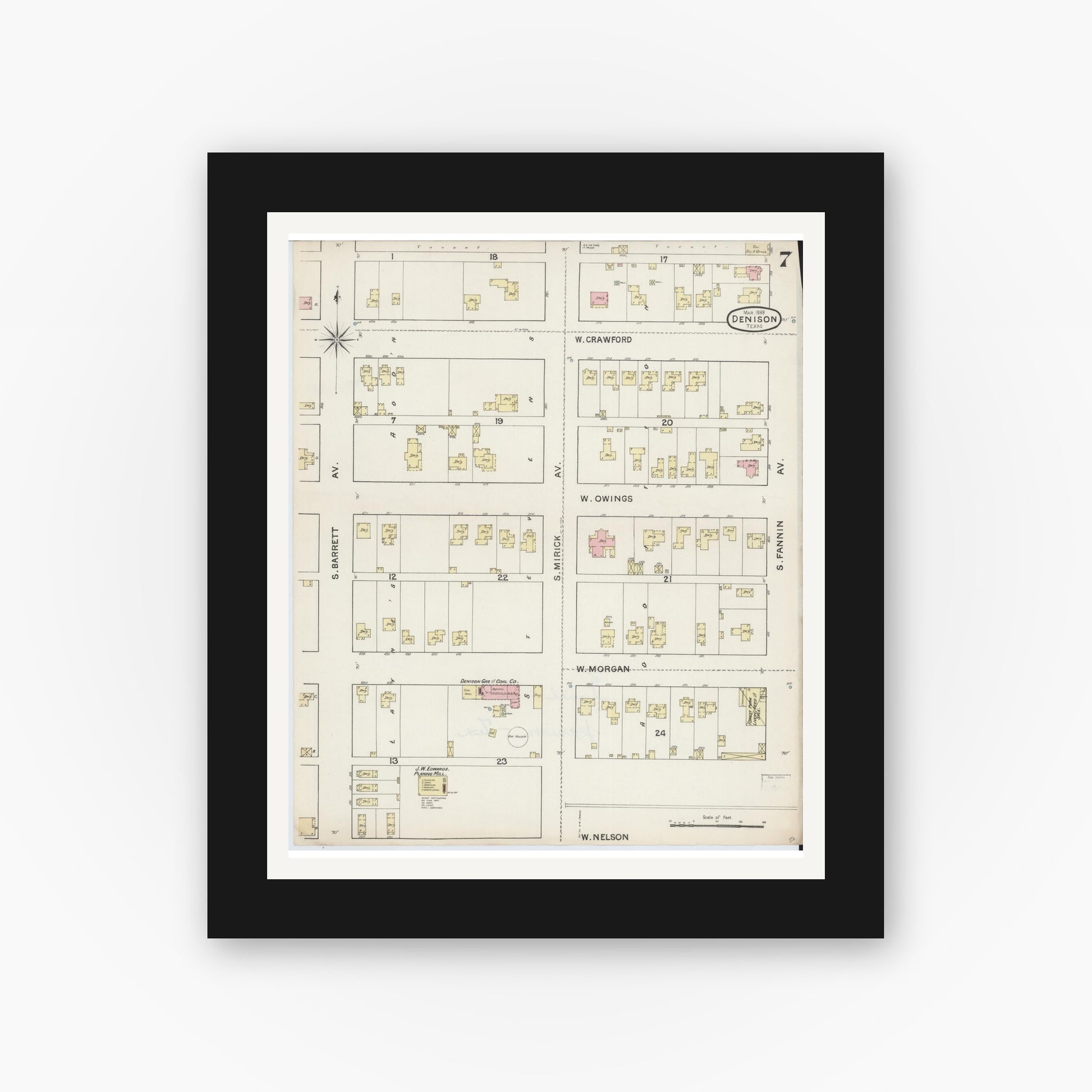 Old map wall art mockup — black gallery frame with white mat — Sanborn Fire Insurance Map from Denison, Grayson County, Texas (1888), Sheet #0007