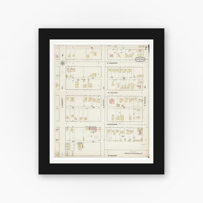 Old map wall art mockup — black gallery frame with white mat — Sanborn Fire Insurance Map from Denison, Grayson County, Texas (1888), Sheet #0007