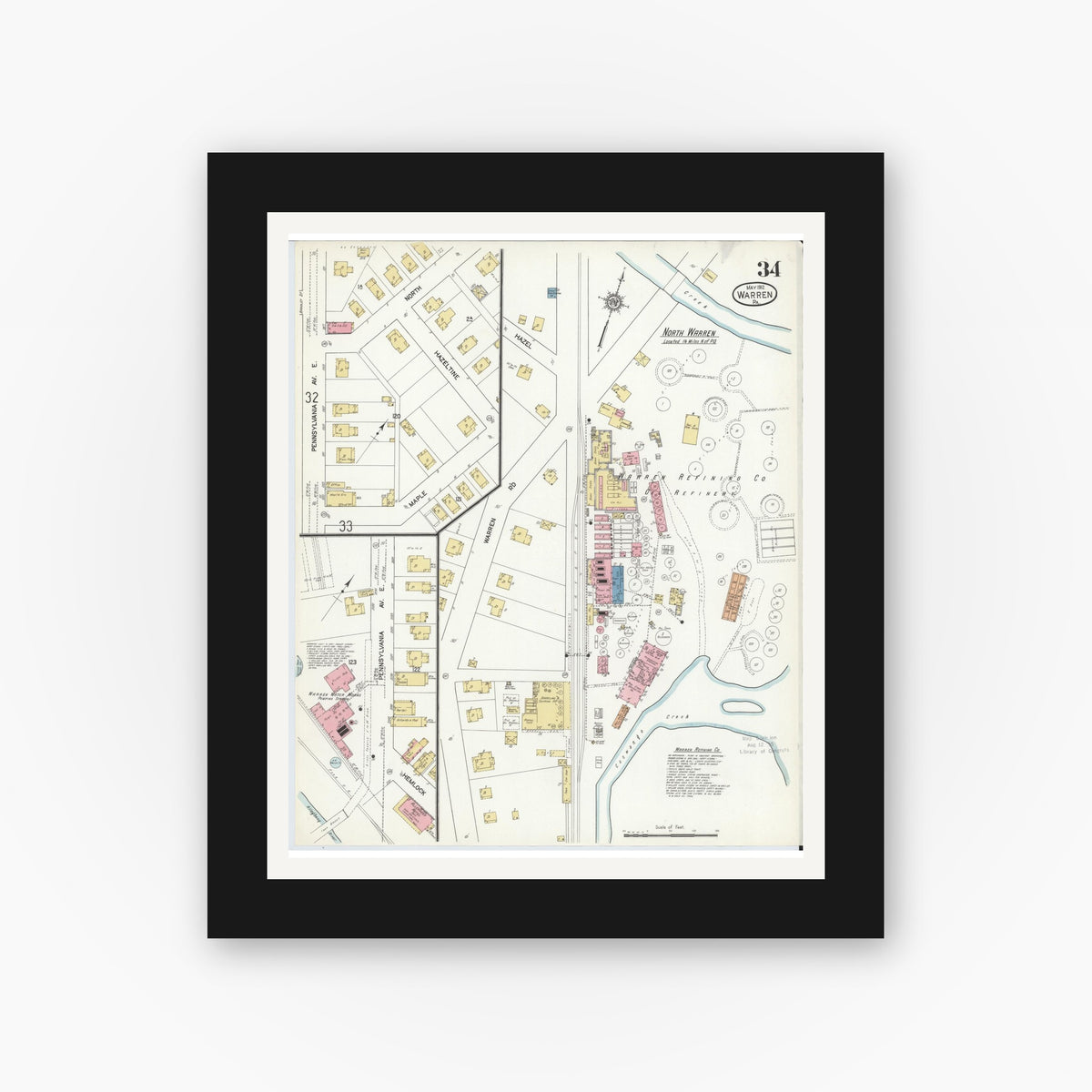 Old map wall art mockup — black gallery frame with white mat — Sanborn Fire Insurance Map from Warren, Warren County, Pennsylvania (1912), Sheet #0034