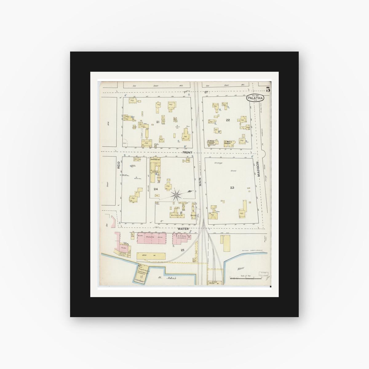 Old map wall art mockup — black gallery frame with white mat — Sanborn Fire Insurance Map from Palatka, Putnam County, Florida (1887), Sheet #0005