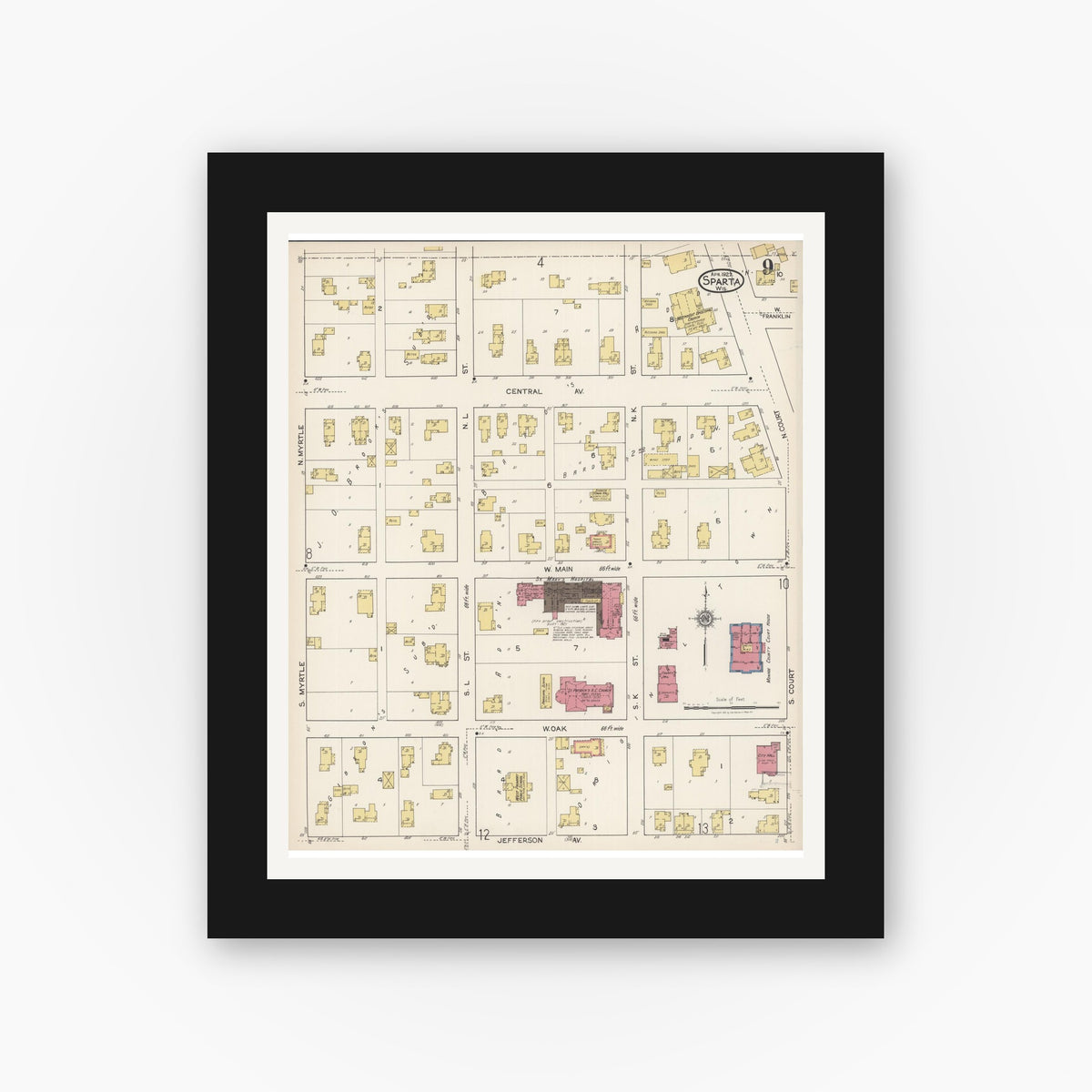 Old map wall art mockup — black gallery frame with white mat — Sanborn Fire Insurance Map from Sparta, Monroe County, Wisconsin (1922), Sheet #0009