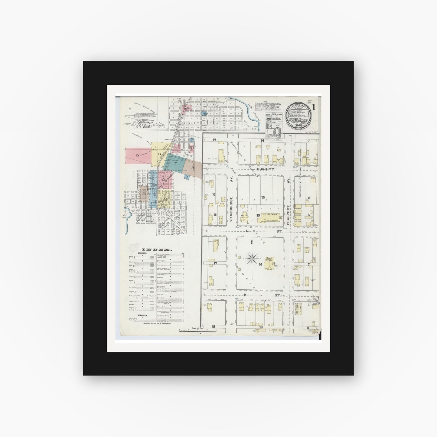 Old map wall art mockup — black gallery frame with white mat — Sanborn Fire Insurance Map from Iron Mountain, Dickinson County, Michigan (1891) - Complete Map Set
