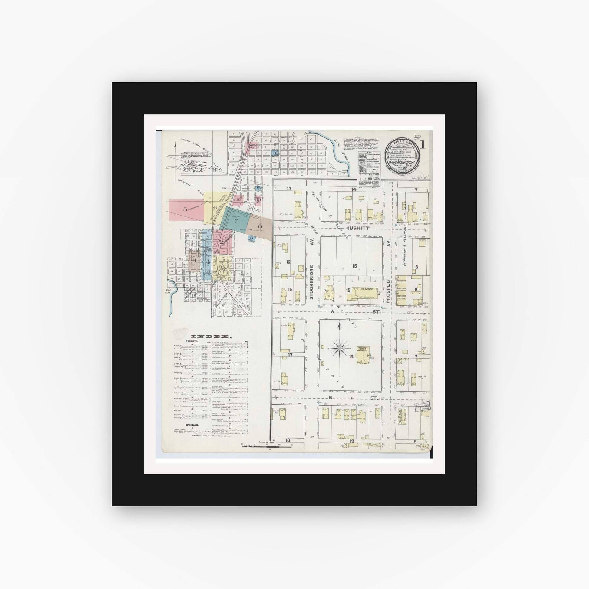 Old map wall art mockup — black gallery frame with white mat — Sanborn Fire Insurance Map from Iron Mountain, Dickinson County, Michigan (1891) - Complete Map Set
