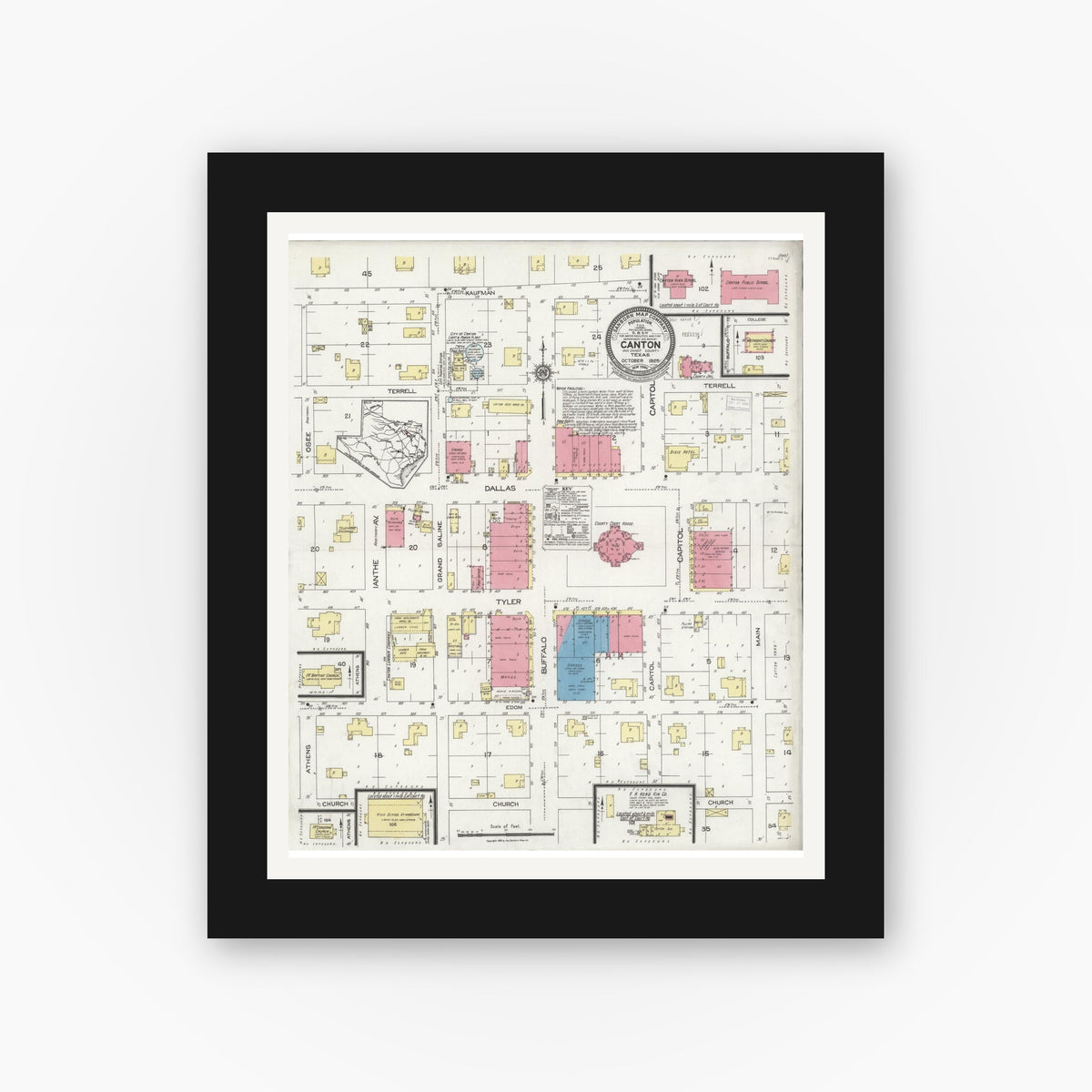 Old map wall art mockup — black gallery frame with white mat — Sanborn Fire Insurance Map from Canton, Van Zandt County, Texas (1925), Sheet #0001
