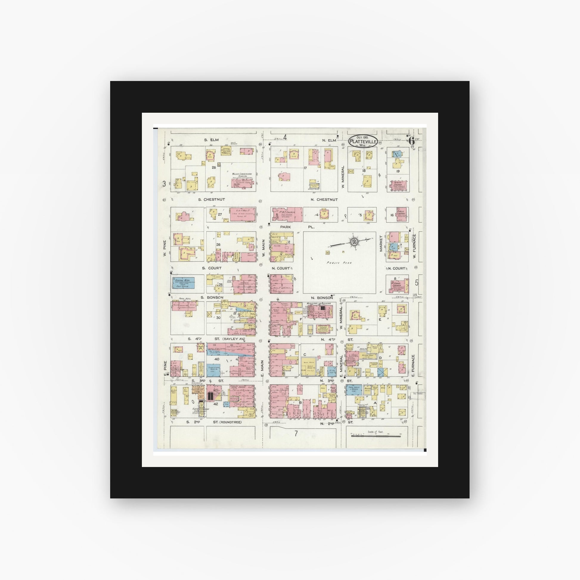 Old map wall art mockup — black gallery frame with white mat — Sanborn Fire Insurance Map from Platteville, Grant County, Wisconsin (1915), Sheet #0006