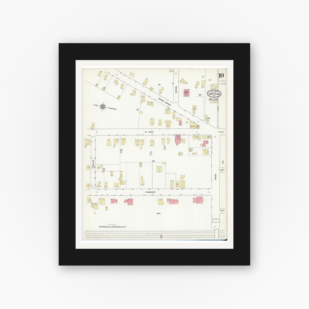 Old map wall art mockup — black gallery frame with white mat — Sanborn Fire Insurance Map from Fort Plain, Montgomery County, New York (1912), Sheet #0010