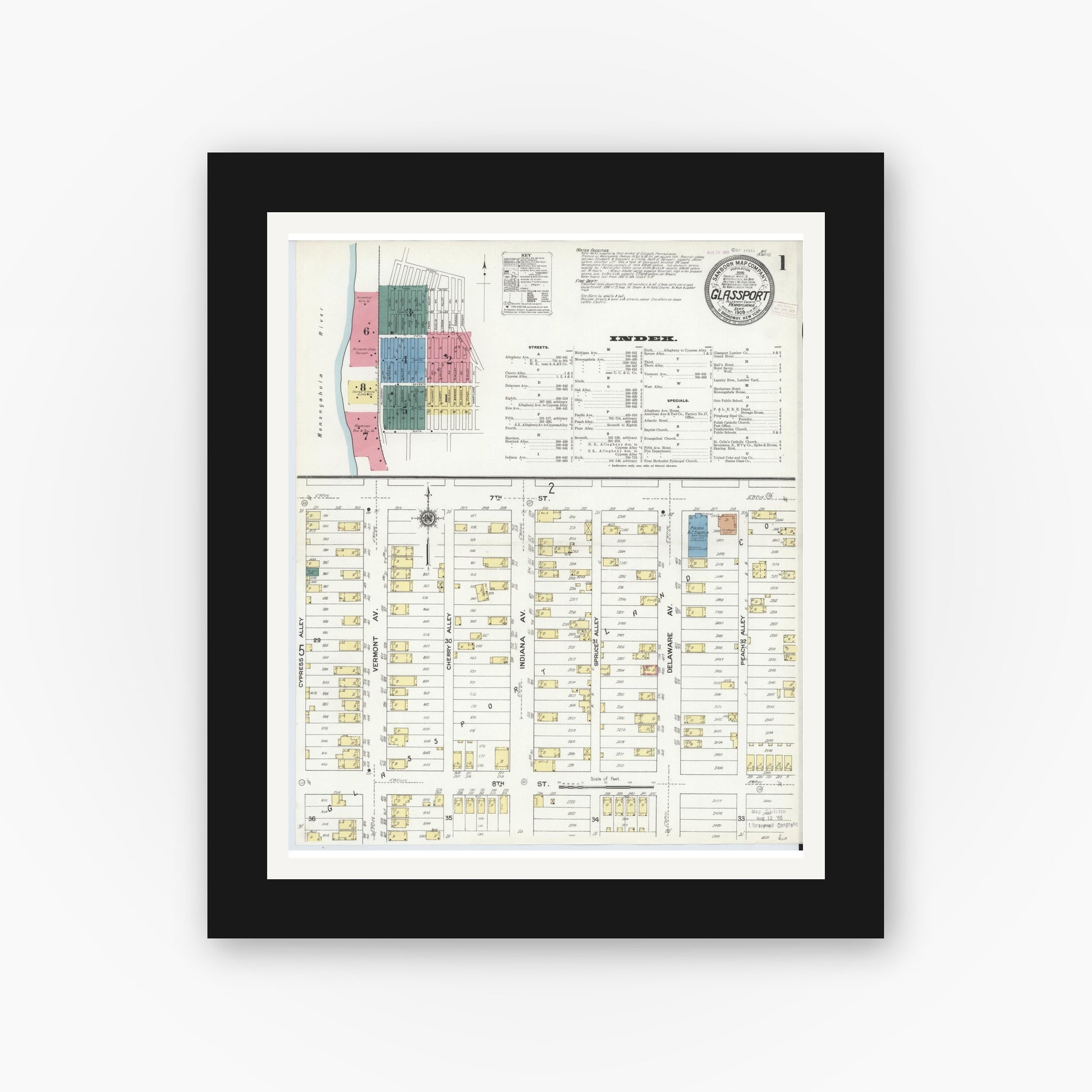 Old map wall art mockup — black gallery frame with white mat — Sanborn Fire Insurance Map from Glassport, Allegheny County, Pennsylvania (1909) - Complete Map Set