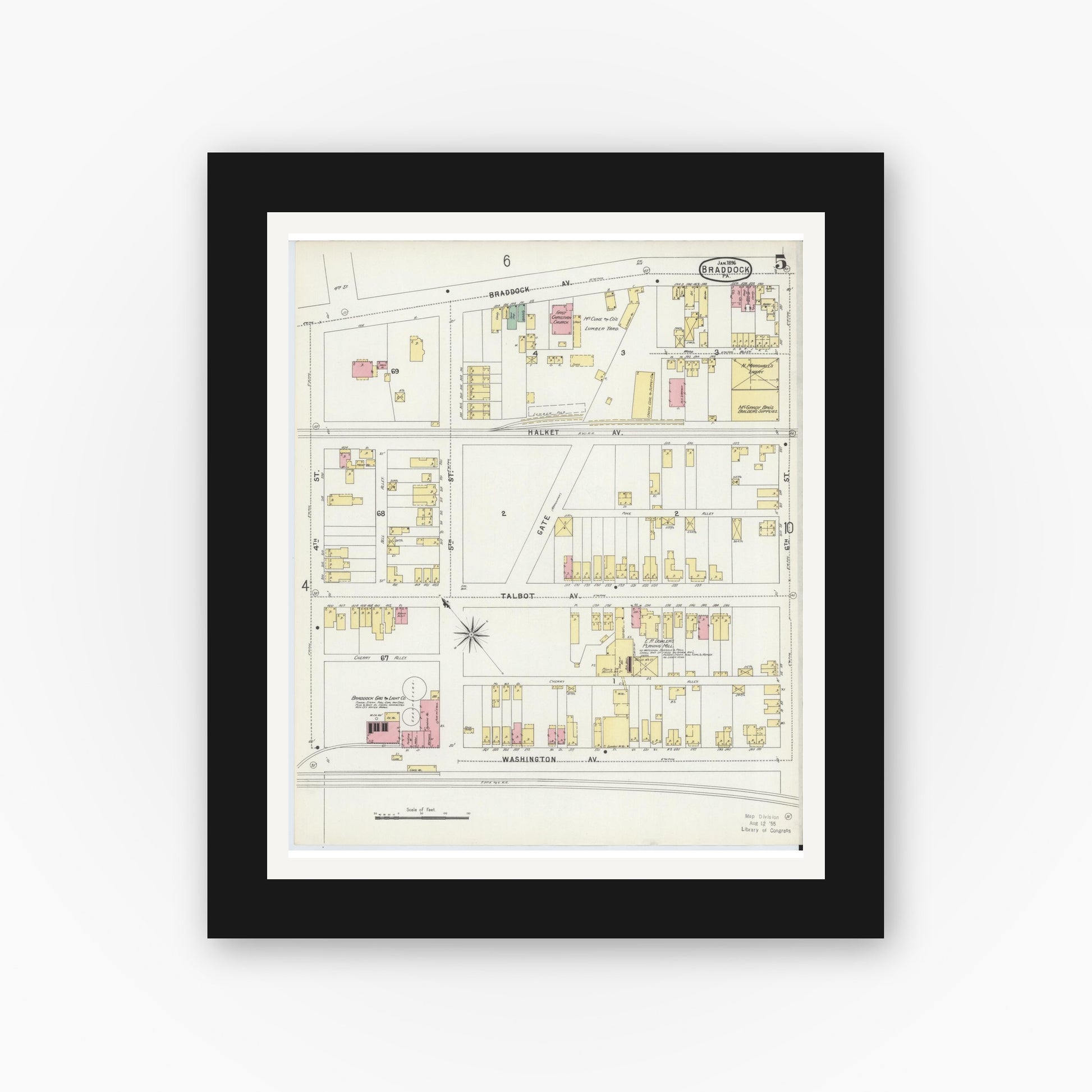 Old map wall art mockup — black gallery frame with white mat — Sanborn Fire Insurance Map from Braddock, Allegheny County, Pennsylvania (1896), Sheet #0005