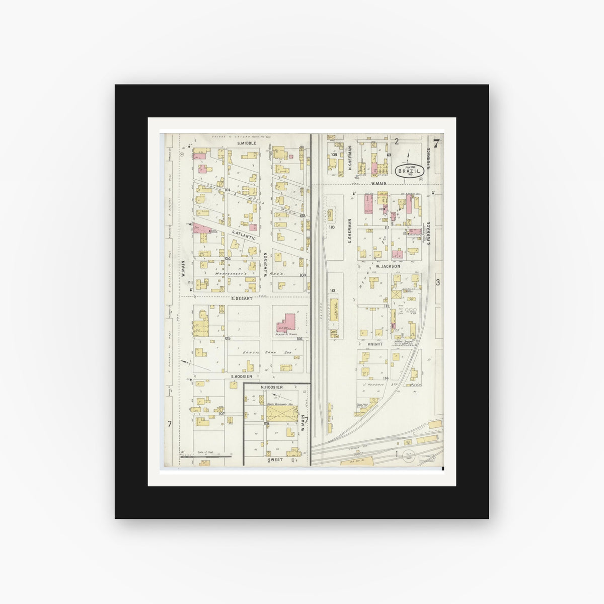 Old map wall art mockup — black gallery frame with white mat — Sanborn Fire Insurance Map from Brazil, Clay County, Indiana (1896), Sheet #0007