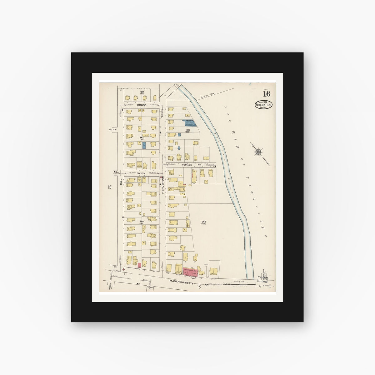 Old map wall art mockup — black gallery frame with white mat — Sanborn Fire Insurance Map from Arlington, Middlesex County, Massachusetts (1922), Sheet #0016