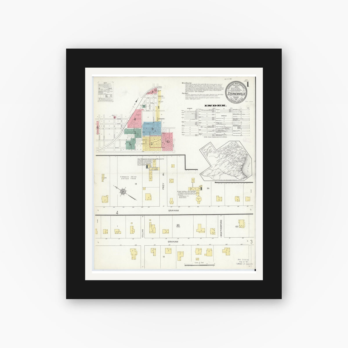 Old map wall art mockup — black gallery frame with white mat — Sanborn Fire Insurance Map from Stephenville, Erath County, Texas (1912), Sheet #0001