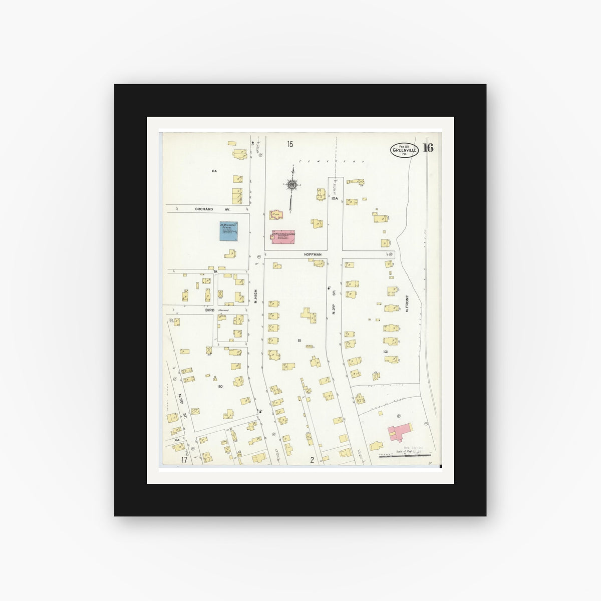 Old map wall art mockup — black gallery frame with white mat — Sanborn Fire Insurance Map from Greenville, Mercer County, Pennsylvania (1911), Sheet #0016
