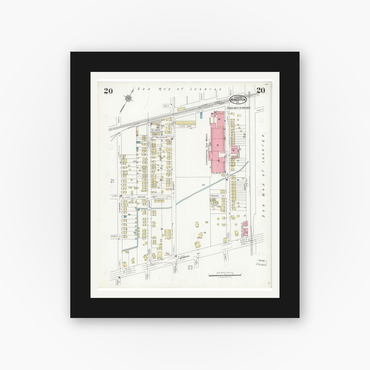 Old map wall art mockup — black gallery frame with white mat — Sanborn Fire Insurance Map from Kingston, Luzerne County, Pennsylvania (1925), Sheet #0020