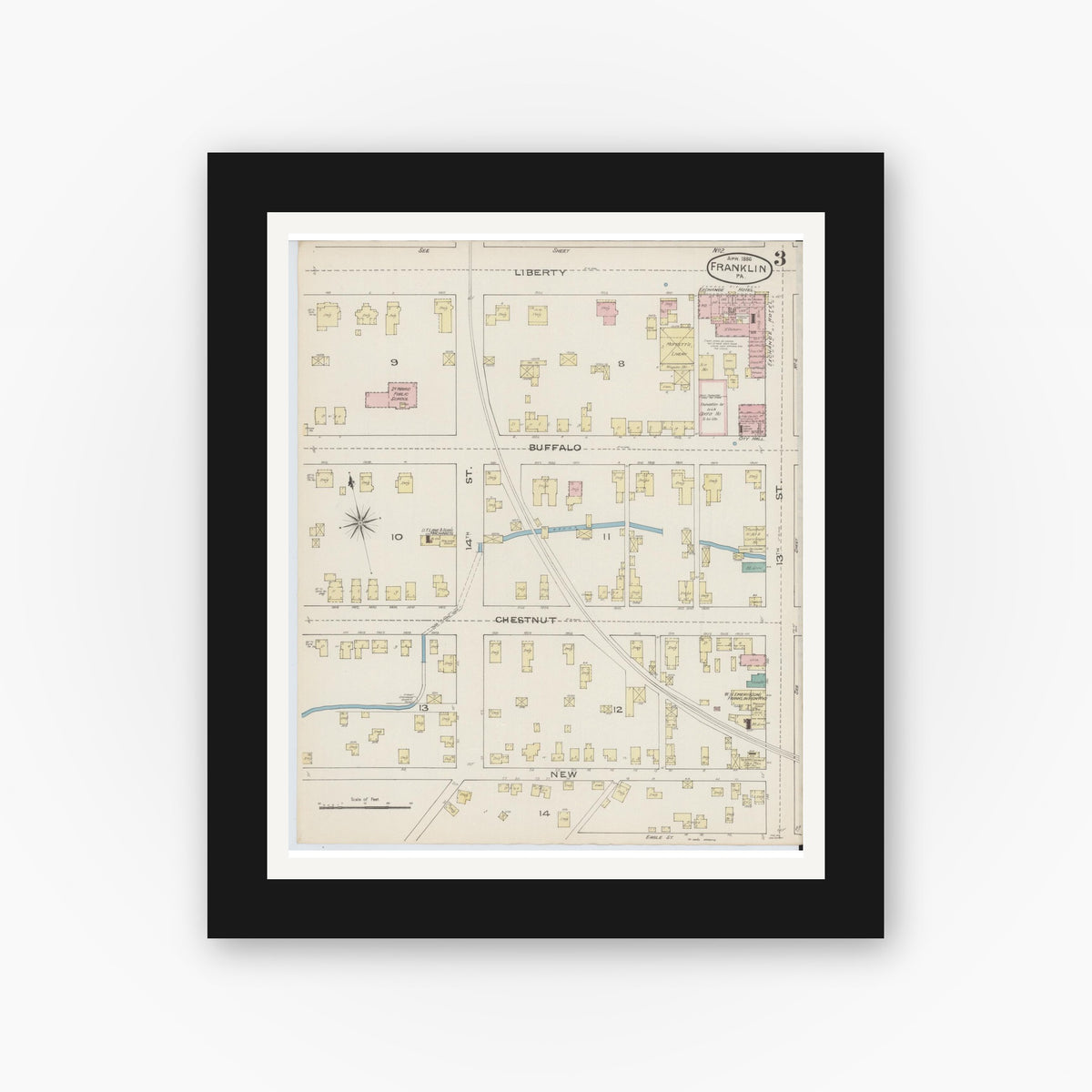 Old map wall art mockup — black gallery frame with white mat — Sanborn Fire Insurance Map from Franklin, Venango County, Pennsylvania (1888), Sheet #0003