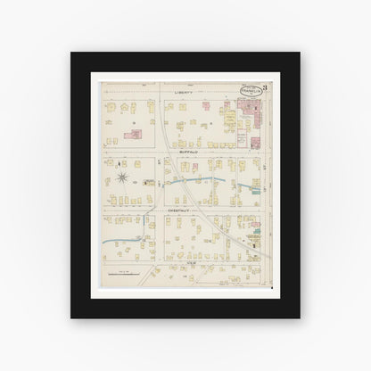 Old map wall art mockup — black gallery frame with white mat — Sanborn Fire Insurance Map from Franklin, Venango County, Pennsylvania (1888), Sheet #0003