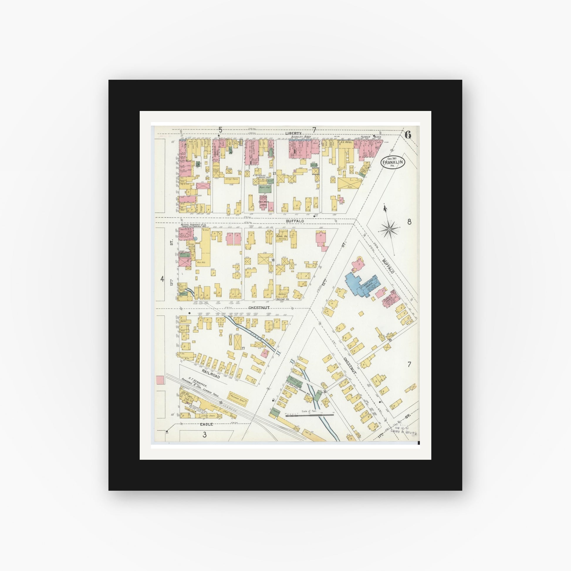 Old map wall art mockup — black gallery frame with white mat — Sanborn Fire Insurance Map from Franklin, Venango County, Pennsylvania (1901), Sheet #0006