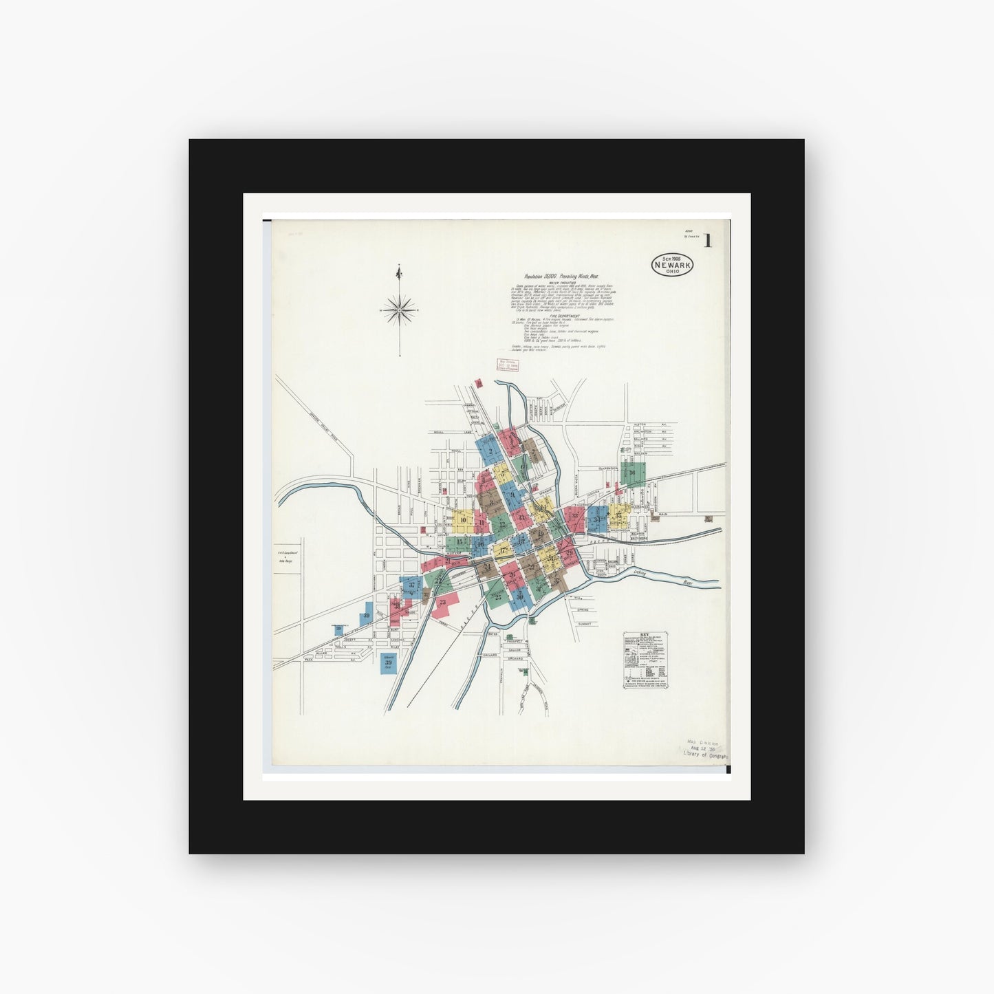 Old map wall art mockup — black gallery frame with white mat — Sanborn Fire Insurance Map from Newark, Licking County, Ohio (1905) - Complete Map Set