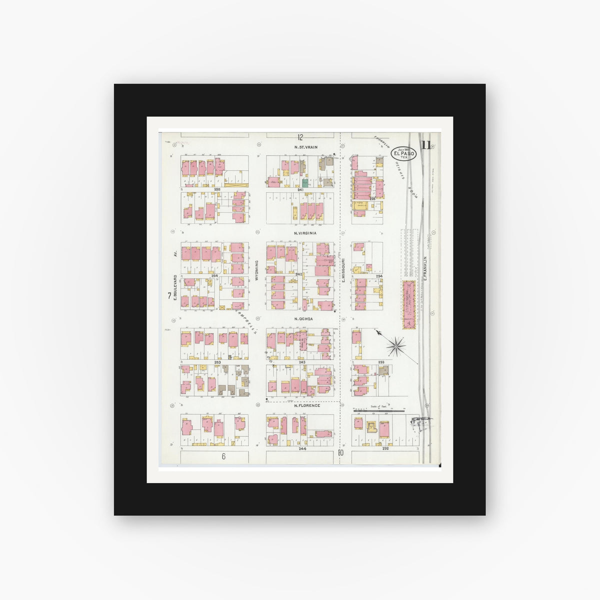 Old map wall art mockup — black gallery frame with white mat — Sanborn Fire Insurance Map from El Paso, El Paso County, Texas (1905), Sheet #0011