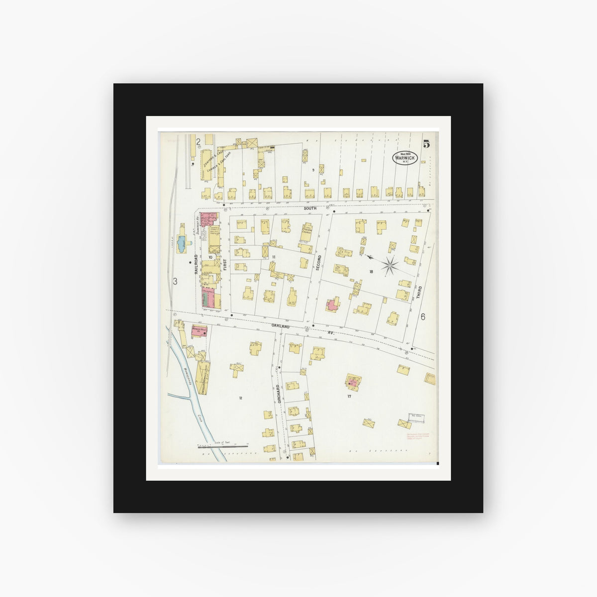 Old map wall art mockup — black gallery frame with white mat — Sanborn Fire Insurance Map from Warwick, Orange County, New York (1900), Sheet #0005