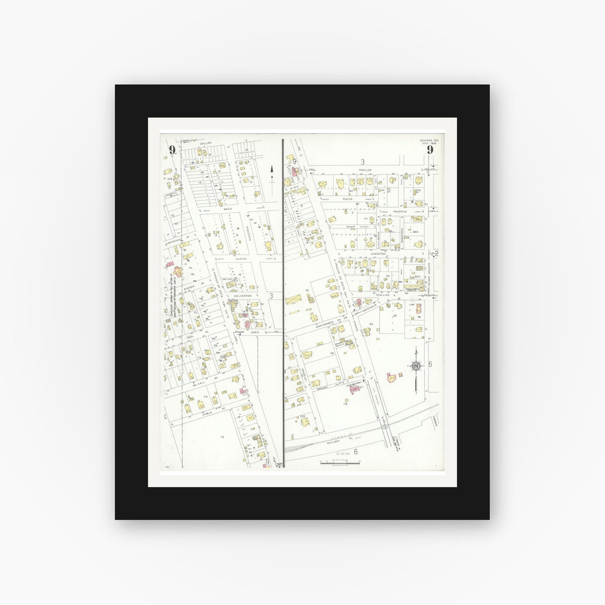 Old map wall art mockup — black gallery frame with white mat — Sanborn Fire Insurance Map from Conroe, Montgomery County, Texas (1938), Sheet #0009
