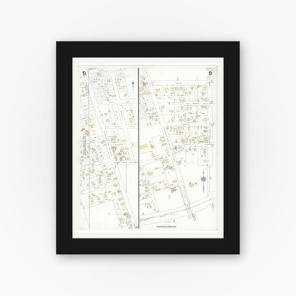Old map wall art mockup — black gallery frame with white mat — Sanborn Fire Insurance Map from Conroe, Montgomery County, Texas (1938), Sheet #0009