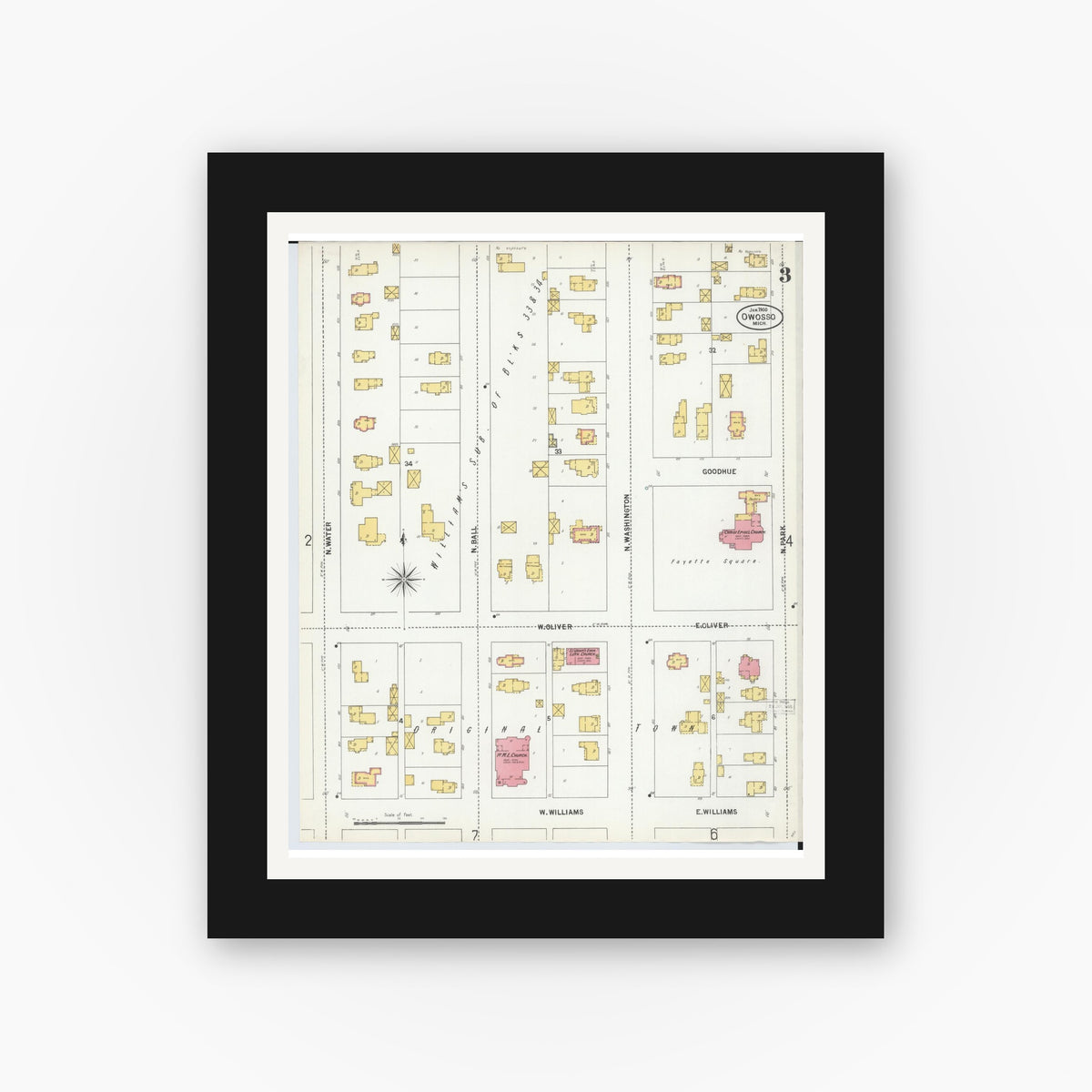 Old map wall art mockup — black gallery frame with white mat — Sanborn Fire Insurance Map from Owosso, Shiawassee County, Michigan (1900), Sheet #0003